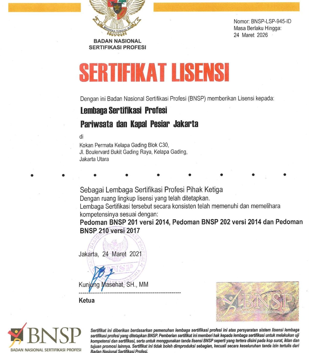 Sertifikat Lisensi BNSP